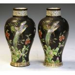 Pair of Tuscan China baluster shaped vases, each having polychrome decoration depicting birds