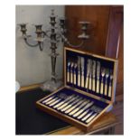 Late Victorian/Edwardian oak cased canteen of one dozen fish knives and forks, Joseph Rodgers &