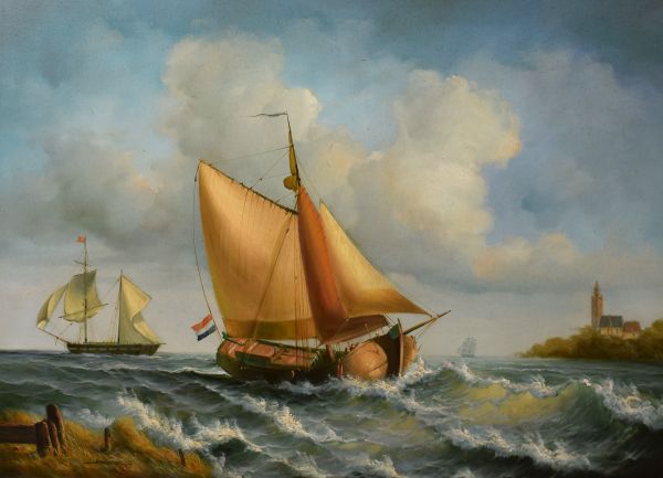 20th Century oil on canvas depicting a Dutch barge and another tall masted ship off the coast,