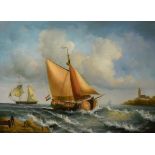 20th Century oil on canvas depicting a Dutch barge and another tall masted ship off the coast,