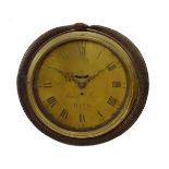 Decorative carved mahogany wall clock, with 12" circular brass dial having Roman hours and Arabic