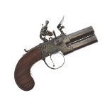 Flintlock 54 bore over and under tap-action pistol, turn-off barrels 4.5cm foliate engraved action