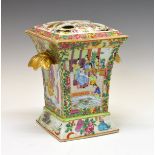 19th Century Cantonese Famille Rose flower vase and cover of flared square form having two moulded