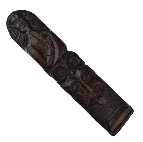 Antique oak carving of arched rectangular form, probably an 'atlas' (figural pilaster), the upper