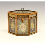 Good late 18th Century satinwood framed rolled paper and ground glass hexagonal tea caddy, the