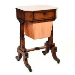 George IV satin burrwood work/sewing table, the figured canted oblong top with frieze drawer