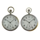 CYMA - Two World War II British Military Issue G.S.T.P. pocket watches, each having white dials,