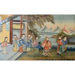 Chinese reverse painting on glass depicting male and female figures on a lakeside terrace with