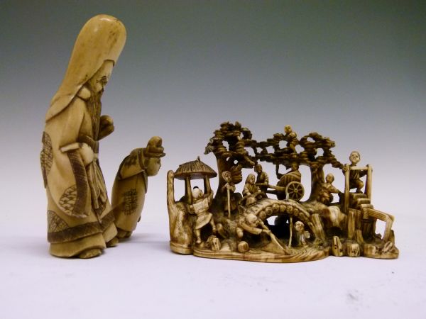 Small late 19th Century Chinese carved ivory group depicting a rural scene with a bridge over a - Image 2 of 9