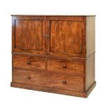 Early 19th Century mahogany low linen press cupboard or 'half dresser', the oblong top with reel