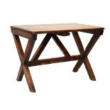 Early 19th Century pine and ash tavern table, the three plank rectangular top with central scratched