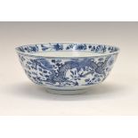 Chinese porcelain bowl having blue and white painted decoration depicting dragons, the underside