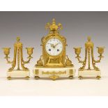 Late 19th Century French white marble and gilt metal three piece clock garniture with white