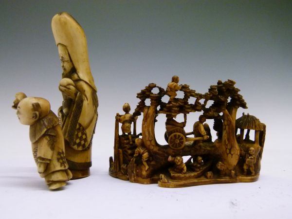 Small late 19th Century Chinese carved ivory group depicting a rural scene with a bridge over a - Image 4 of 9