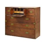 19th Century brass bound hardwood secretaire military or campaign chest, in two sections, the