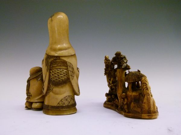 Small late 19th Century Chinese carved ivory group depicting a rural scene with a bridge over a - Image 3 of 9