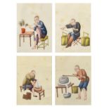 Nine 19th Century Chinese pith paper paintings, each depicting a craftsman at work, 15.5cm x 10.