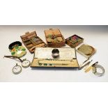 Box containing assorted costume jewellery, powder compact, silver napkin ring, pocket watches etc