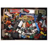 Box containing assorted die-cast and other model vehicles to include: Dinky Shado 2 Tank, Corgi