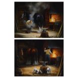WITHDRAWN - Willis (20th Century) - Pair of oil paintings on canvas - A blacksmith's forge with