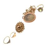 9ct gold target design brooch with hair panel to reverse, an oval double sided locket stamped 9ct on