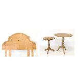 Two natural pine circular tripod occasional tables and a double bedhead Condition: