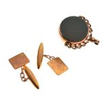 Pair of 9ct gold monogrammed cufflinks, together with a 9ct gold bloodstone set swivel fob seal