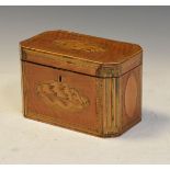 George III satinwood and string inlaid rectangular tea caddy having inlaid shell marquetry panels,