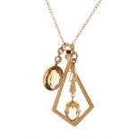 Kite shaped pendant stamped 14k, two further drop pendants set smoky quartz and white stone on