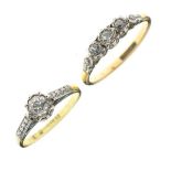 Graduated three stone diamond ring, the shank stamped 18ct and Plat, size Q, together with a