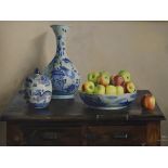 Rizhan Weiguang - Oil on canvas - Still-life of Chinese blue and white porcelain with bowl of apples