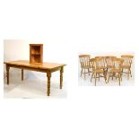 Reproduction pine refectory style dining table to seat six to eight, the rectangular top on four