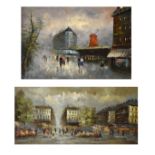 Two large modern oils on canvas - Parisian street scenes including the Moulin Rouge, the larger 60cm