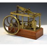 Interesting brass stationary beam engine with spoked handle on wooden base Condition: