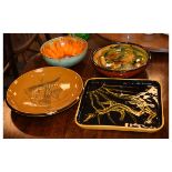 Three studio pottery bowls, all unmarked and a rectangular similar platter Condition: