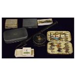 Angling - Hardy Bros aluminium rectangular fly box, a Malloch's patent fly box, various flies,