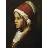 Kam Li - Oil on canvas - Portrait of an Oriental female in regional costume, 49cm x 39cm, framed