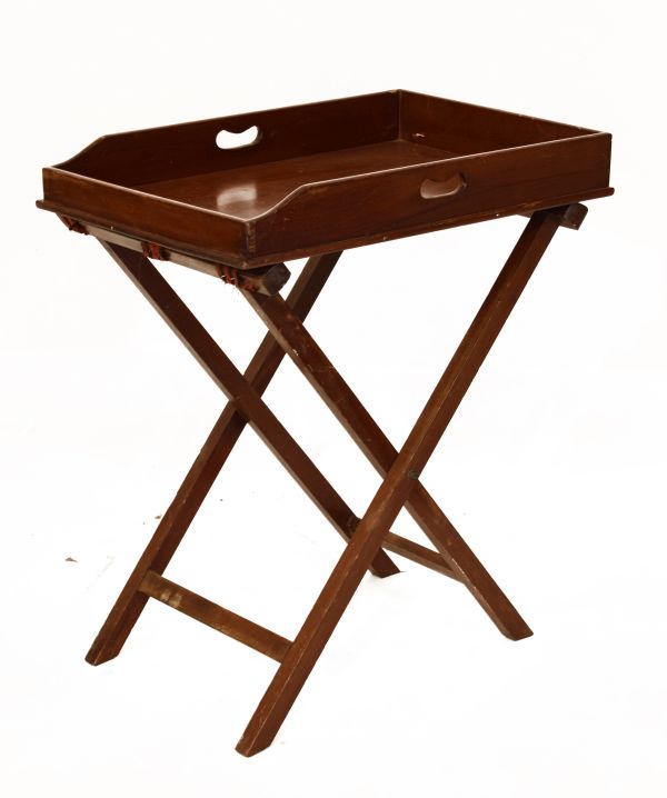 19th Century butler's mahogany tray and stand, the tray of rectangular design with pierced carry