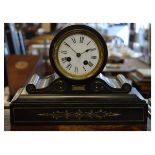 Late 19th/early 20th Century French black slate mantel clock of 'drumhead' design with white Roman