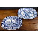 19th Century English blue and white transfer printed meat plate depicting figures talking over a