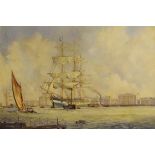 20th Century oil on canvas - Three masted sailing ship being towed from a harbour by two paddle