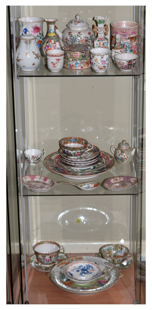 Quantity of Chinese porcelain including Cantonese enamel decorated wares, etc (three shelves)
