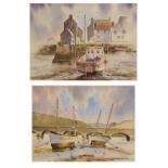 Tom McCracken (20th Century) - Two watercolours - Harbour scene, probably Cornwall, and Moored