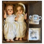 Two 1940's period moulded plastic dolls in original silk costume, together with a Wedgwood Beatrix