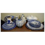 Assorted 19th Century and later blue transfer printed pottery to include: pedestal dish, two handled