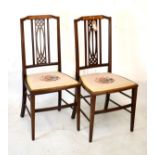 Pair of Edwardian mahogany and string inlaid bedroom chairs having needlepoint upholstered seats