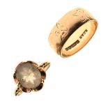 9ct gold dress ring set smoky quartz coloured stone, size O, together with a 9ct gold wedding