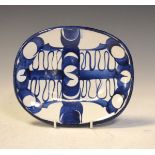 Studio pottery - Aldermaston blue and white oblong dish, the reverse with monogram, 19cm long