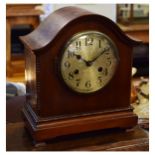 Early 20th Century mahogany cased mantel clock with silvered Arabic dial and two train movement