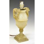 Early 20th Century carved alabaster table lamp of two handled urn form on stepped square base